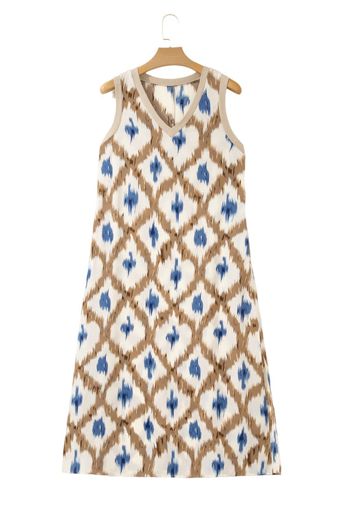 Bohemian Abstract Print V Neck Sleeveless Maxi Dress