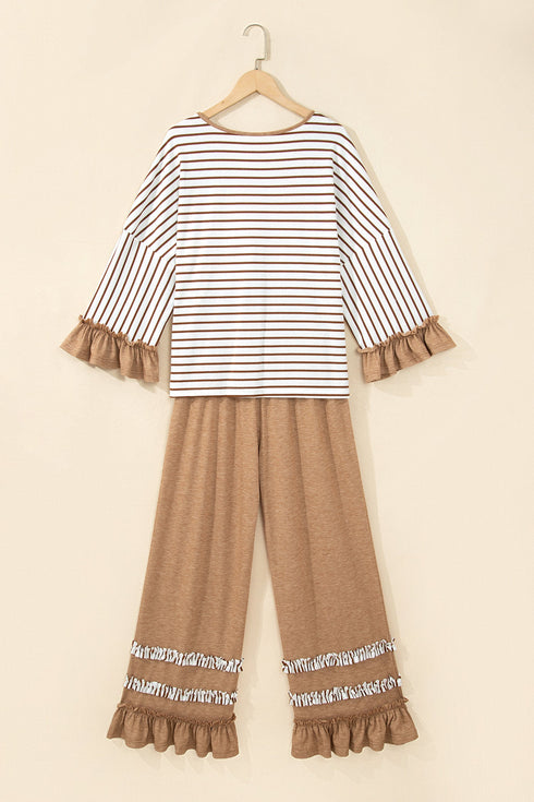 Striped Ruffle Sleeve V Neck Drawstring Pant Set