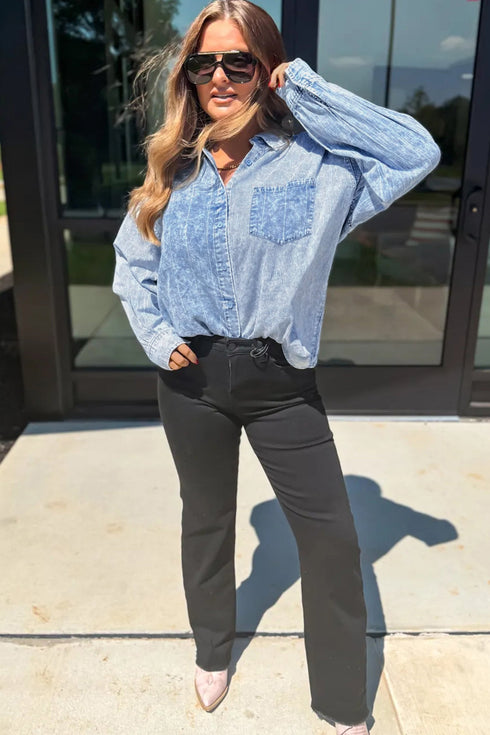 Striped Pattern Vintage Denim Long Sleeve Blouse