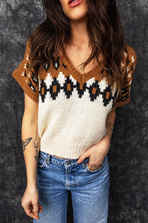 V Neck Short Sleeve Geometric Print Western Knit Sweater