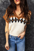 V Neck Short Sleeve Geometric Print Western Knit Sweater