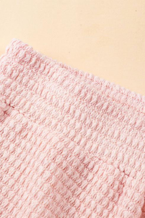 Solid Waffle Knit Fringe Trim Textured Short Set