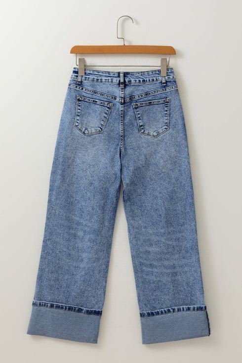 Center Seam Cuffed Hem Straight High Waist Denim Jeans