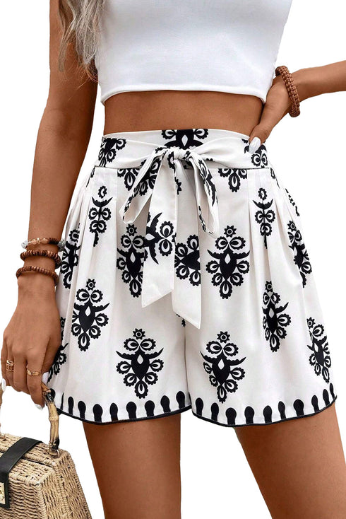 Bohemian Paisley Geometric Print Belted High Waist Casual Shorts