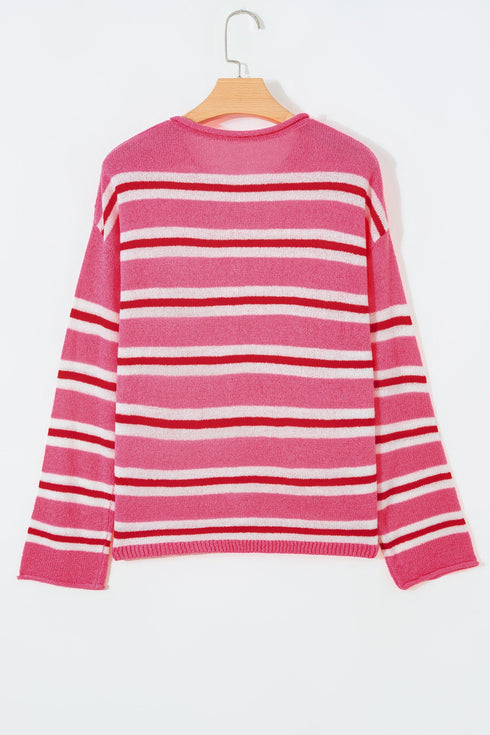 Acrylic Striped Pattern Drop Shoulder Button Cardigan
