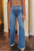 High Waist Button Fly Seamed Raw Hem Wide Leg Jeans