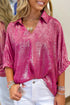 Solid Modern Metallic Collared V Neck Half Sleeve Blouse