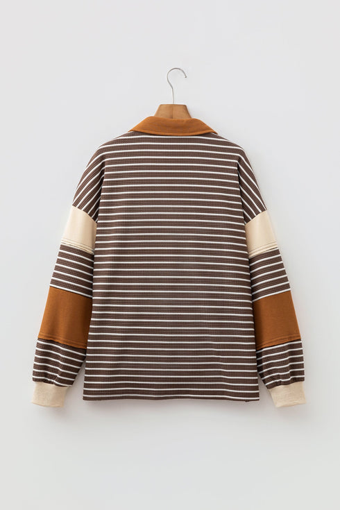 Striped Textured Collar V Neck Long Sleeve Pullover Top