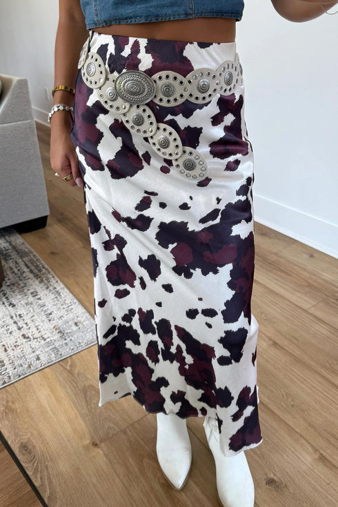 Abstract Print Metal Zip Waist Satin Western Maxi Skirt