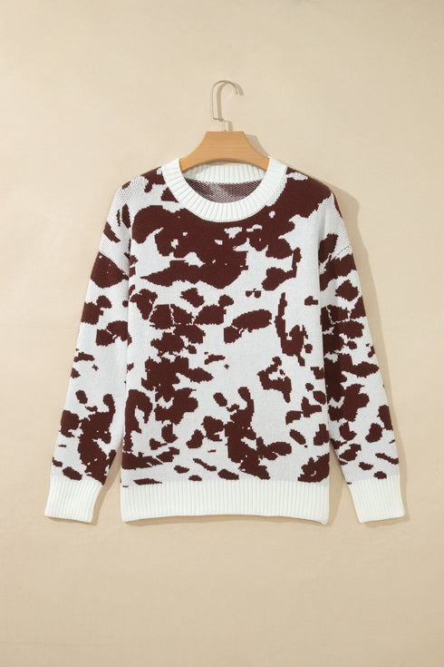 Cow Pattern Western Long Sleeve Round Neck Pullover Sweater