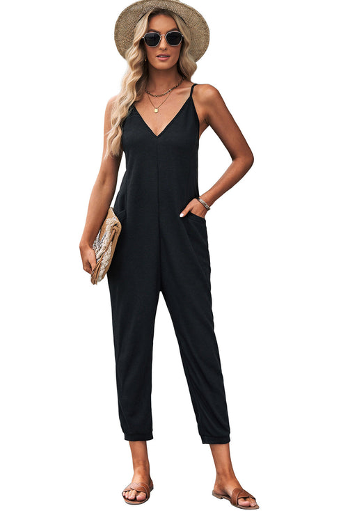 Exclusive Textured Ribbed Sleeveless V Neck Pocketed Jumpsuit
