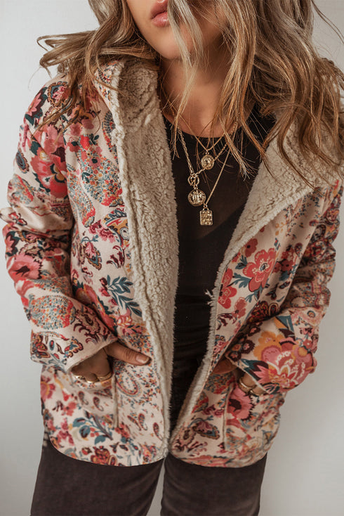 Bohemian Floral Print Sherpa Lined Fleece Hooded Jacket