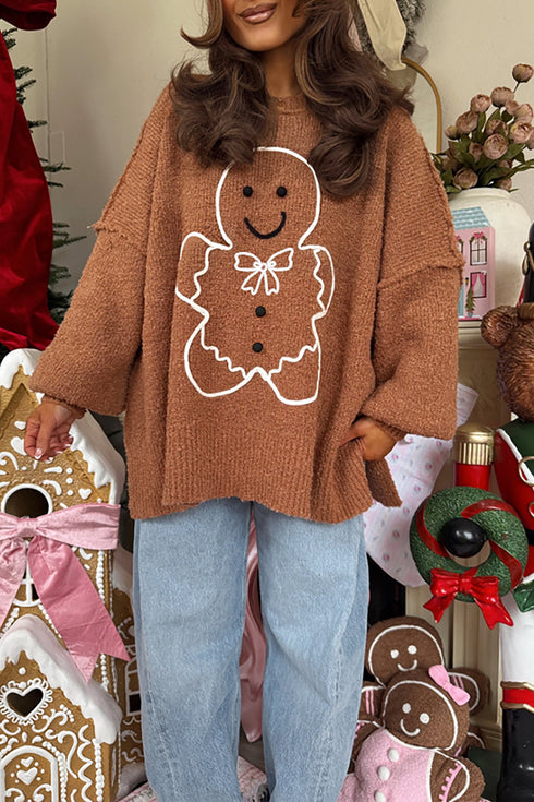 Embroidery Oversized Drop Shoulder Round Neck Sweater