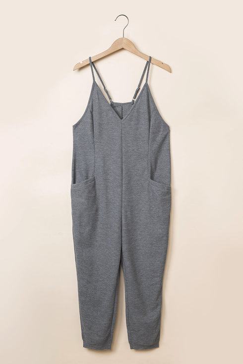 Exclusive Textured Ribbed Sleeveless V Neck Pocketed Jumpsuit