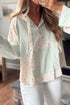 Floral Patchwork Ribbed Button Hooded Long Sleeve Top