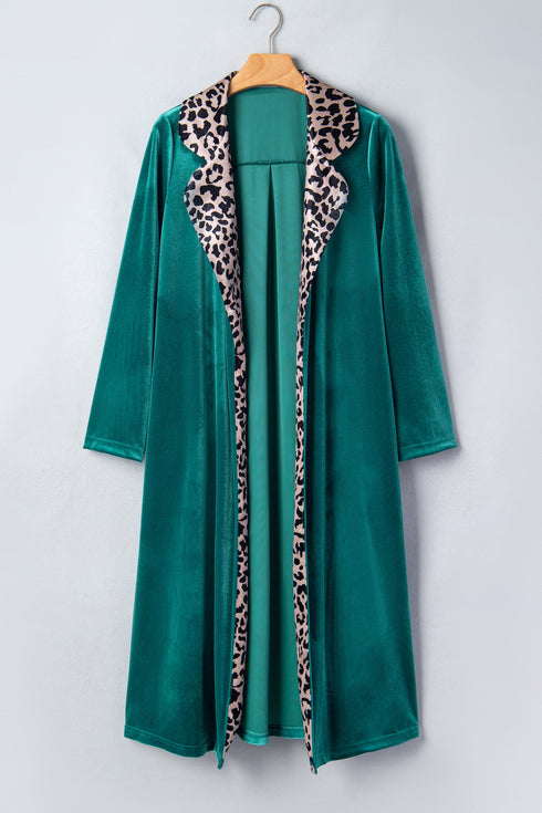 Leopard Print Velvet Lapel Collar Open Front Cardigan