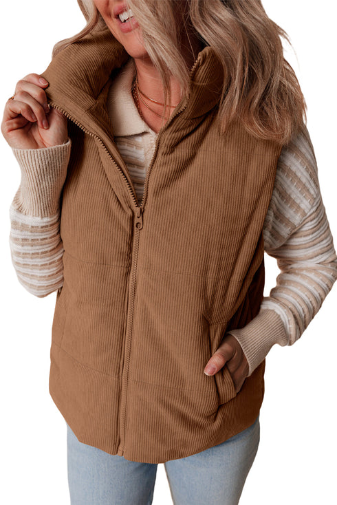 Textured Corduroy Stand Neck Zipped Puffer Vest