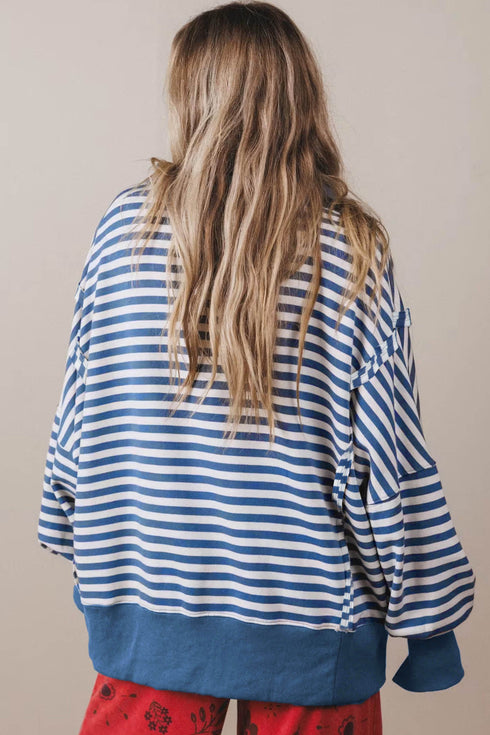 Striped Trim Raw Seam Split Hem Loose Pullover Sweatshirt
