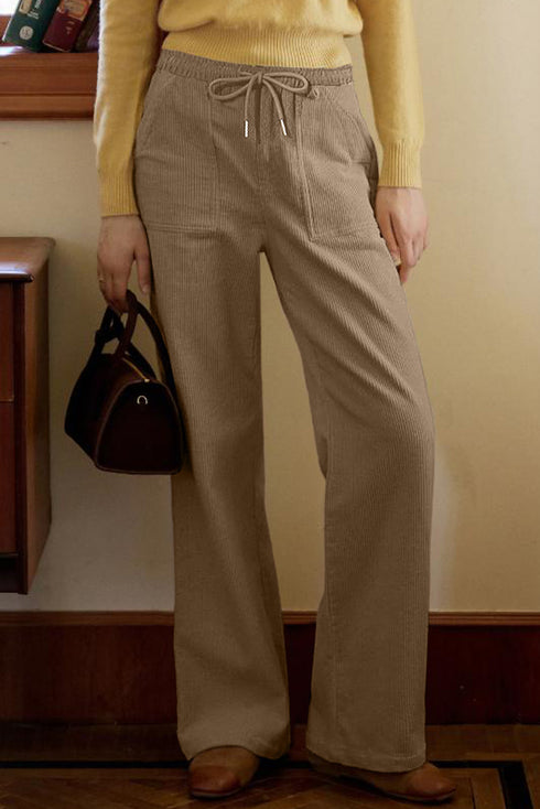Polyester Tie Elastic Waist Soft Corduroy Pants