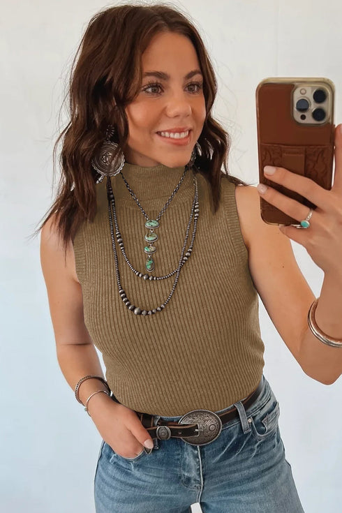 Western Ribbed Knit High Neck Sleeveless Waist Slim Fit Sweater Vest