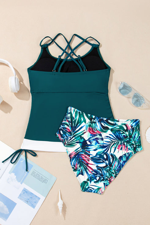Ruched Side Tie Strap Leaf Print Tankini Set