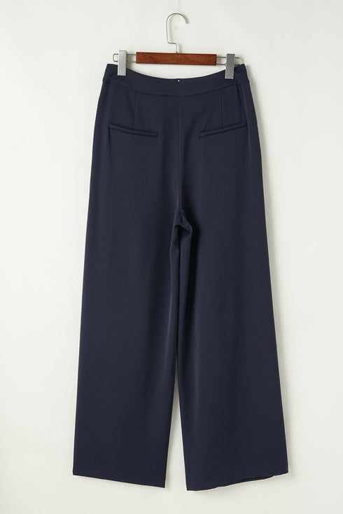 Casual Dual Buttoned High Waisted Pleated Wide Leg Pants