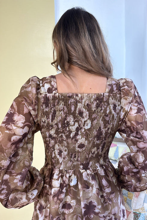 Abstract Floral Print Square Neck Long Sleeve Shift Mini Dress