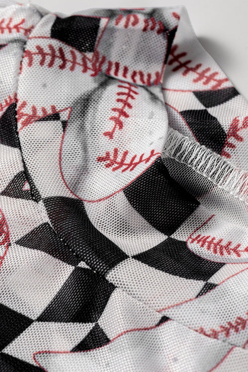 Checkered Baseball Bow Print High Neck Long Sleeve Mesh Top