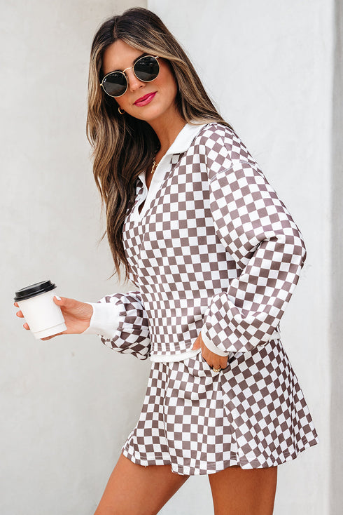 Checkered Polo Collar Long Sleeve Mini Skirt Two Piece Dress