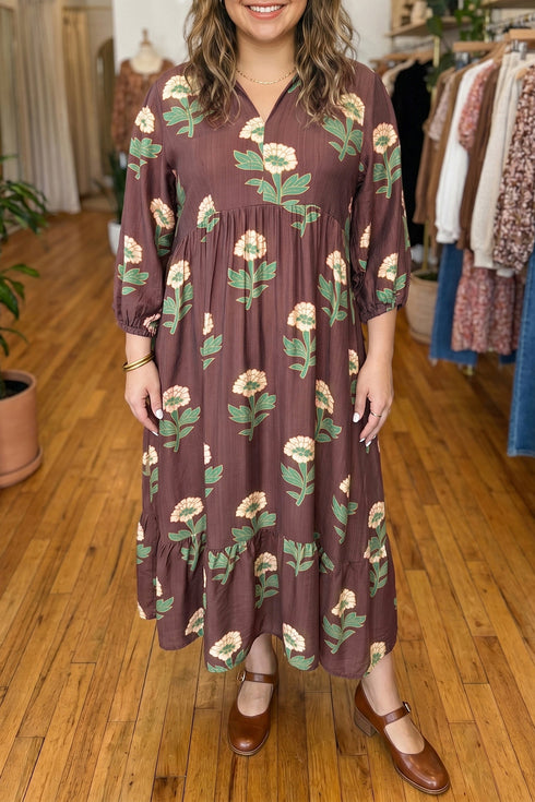Floral V Neck Long Sleeve Loose Shift Maxi Dress