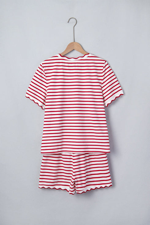 Stripe Scallop Trim Casual Top 2Pcs Short Set