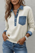 Denim Collar Patchwork Trim Long Sleeve Pullover Top