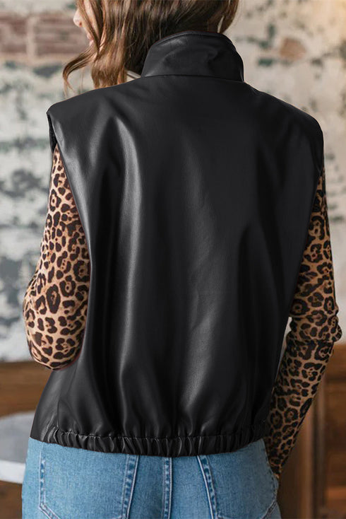 Double Flap Pocket Western Faux Leather Zip Up Vest