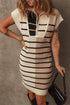 Striped Ribbed Knit Half Zip Mini Dress
