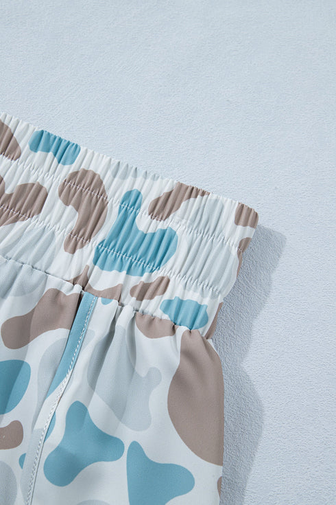 Camouflage Print Shirred High Waist Athleisure Casual Shorts