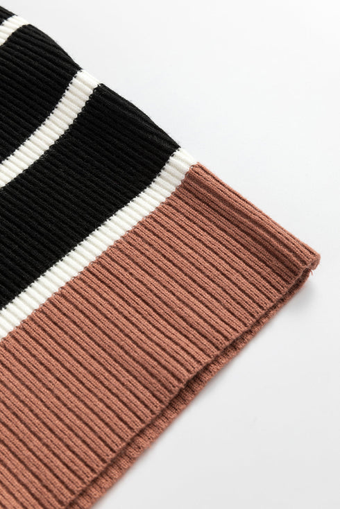 Striped Ribbed Knit Half Zip Mini Dress