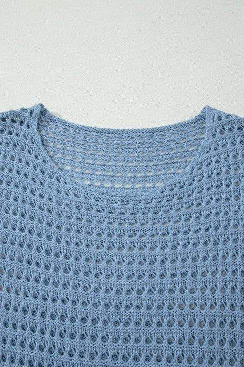 Long Sleeve Crochet Knit Round Neck Pullover Sweater