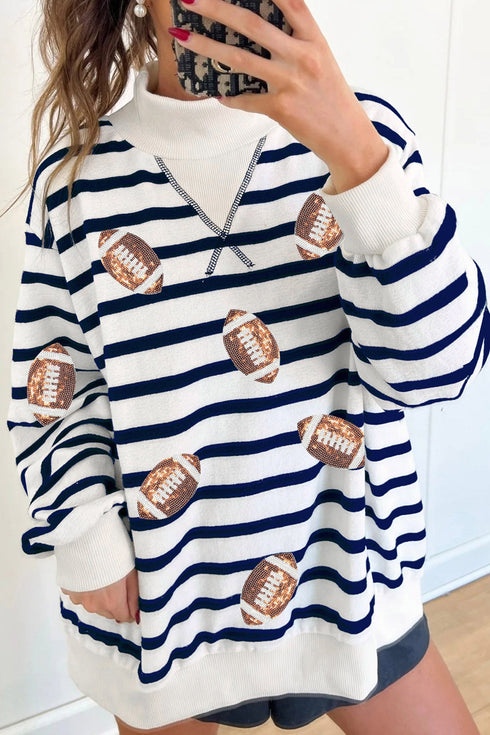 Striped Sequin Rugby Graphic Mock Neck Athletic Sweatshirt