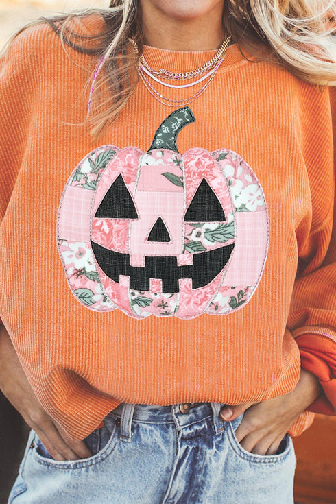 Patchwork Pumpkin Graphic Corded Ribbed Round Neck Tunic Sweatshirt
