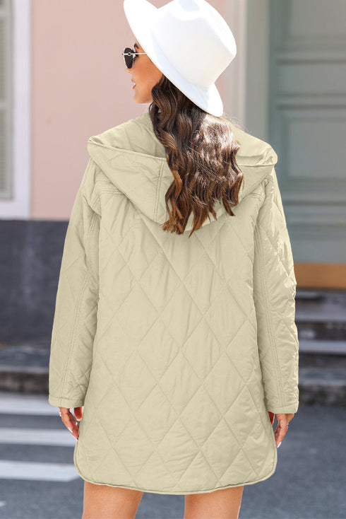 Solid Quilted Snap Button Hooded Puffer Coat