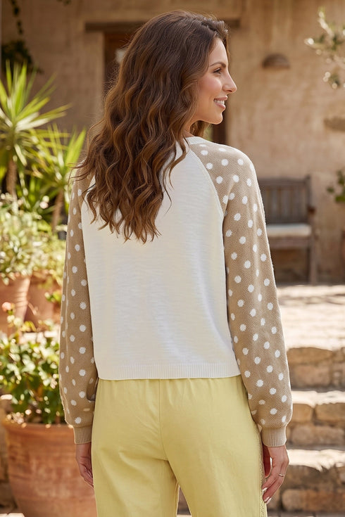 Polka Dot Button V Neck Long Sleeve Sweater