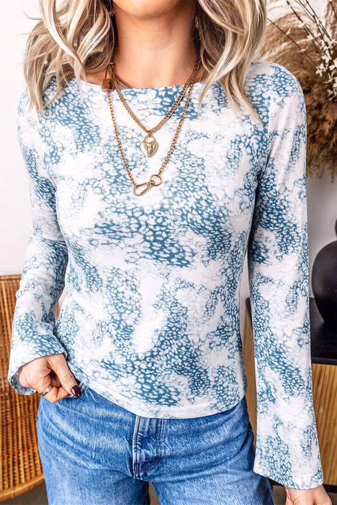 Sheer Leopard Print Round Neck Sheath Long Sleeve Top