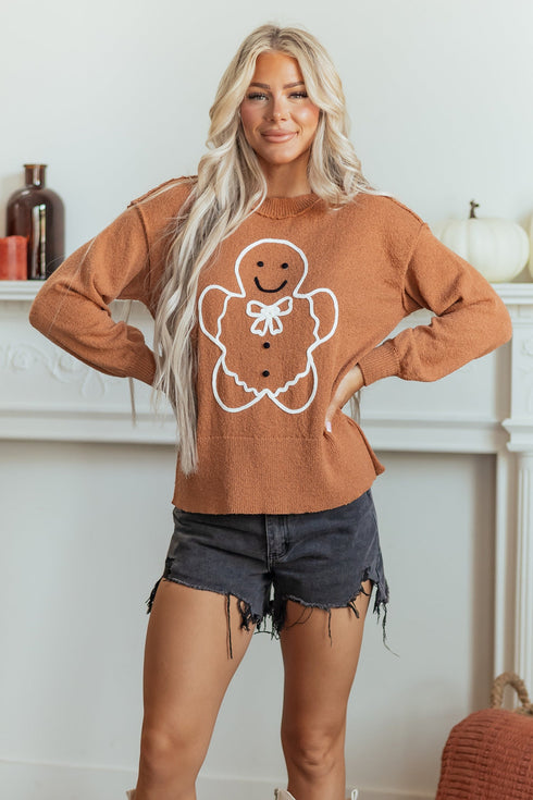 Embroidery Oversized Drop Shoulder Round Neck Sweater