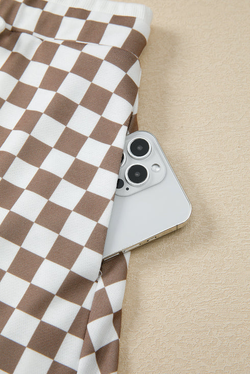 Checkered Polo Collar Long Sleeve Mini Skirt Two Piece Dress