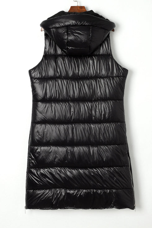 Exclusive Solid Long Quilted Hooded Puffer Vest