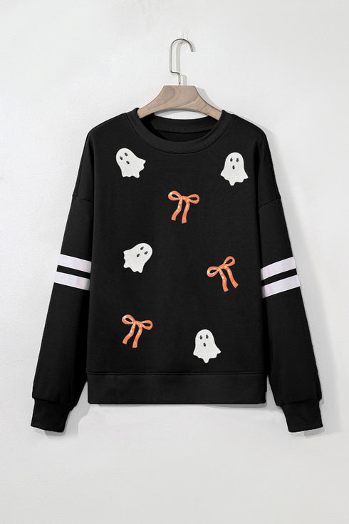 Sequin Ghosts Bows Graphic Varsity Striped Sleeve Pullover Sweatshirt