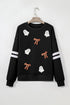 Sequined Ghost Bow Graphic Varsity Striped Sleeve Sweatshirt
