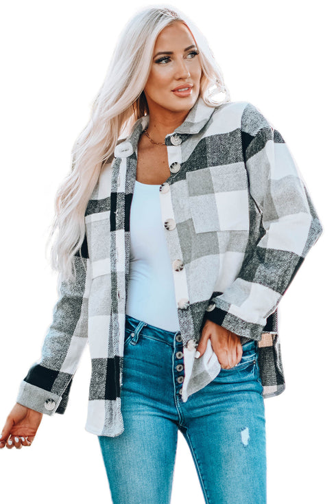 Paneled Pocketed Button Down Long Sleeve Plaid Shacket