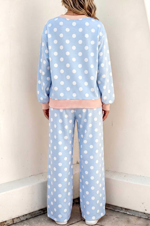 Polka Dot Trimmed Long Sleeve Drawstring Pant Set