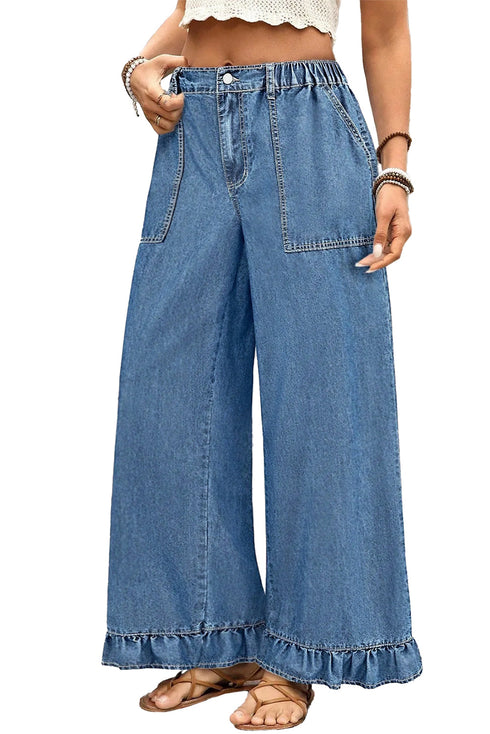 Elastic Waist Ruffled Wide Leg Denim Pants